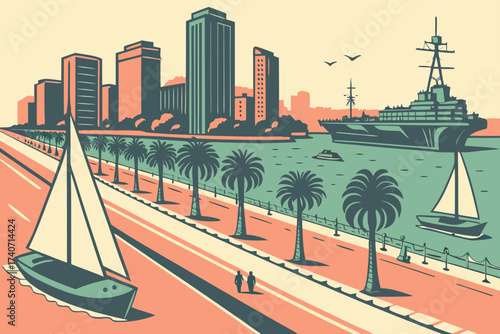 San Diego Harbor in California, sailboats and naval ships with skyline and palm-lined promenade