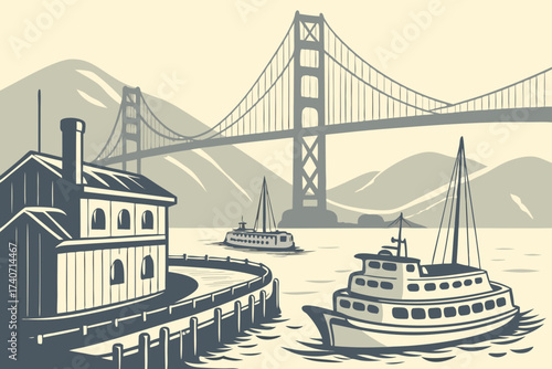San Francisco Harbor in California, fishing boats and ferries with Golden Gate Bridge beyond