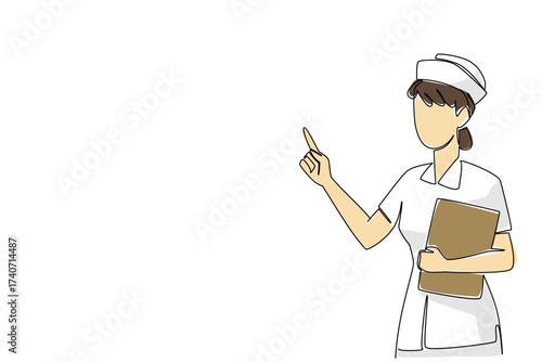 Single one line drawing female nurse with nurse cap holding clipboard and pointing hand. Providing guidance during treatment period. National Nurses Day. Continuous line design graphic illustration