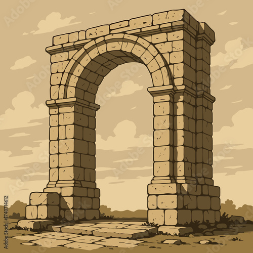 Ancient stone archway illustration on textured background in sepia tone with copy space