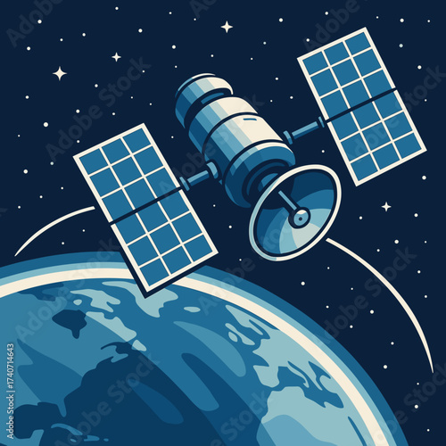Satellite in orbit illustration above Earth in space with starry background and copy space