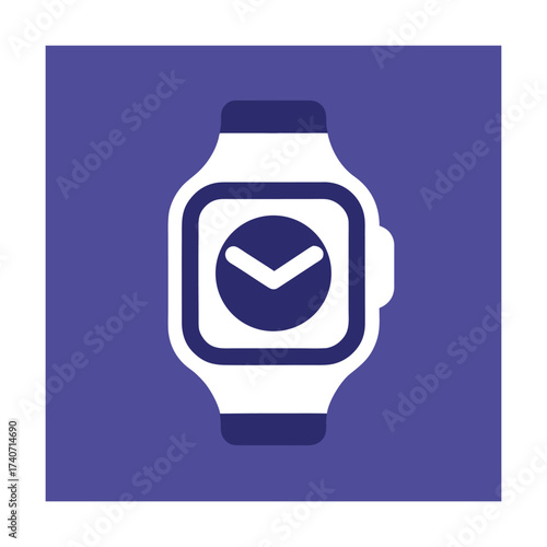 Purple square icon of a white smartwatch with a dark blue clock face wearable technology
