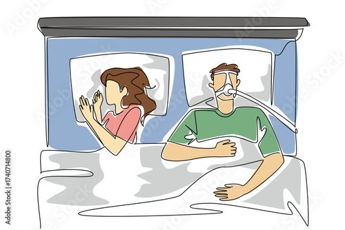 Single continuous line drawing a man sleeping on a bed using a CPAP mask accompanied by his sleeping wife. Caring sincerely. Disturbance. Sleep Apnea Awareness Day. One line design vector illustration