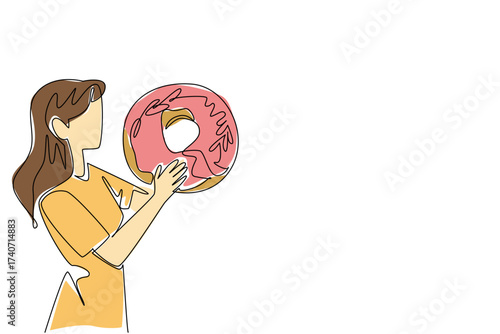 Continuous one line drawing a woman eating a large donut. The donut lover with any flavor. Jumbo size makes it feel full faster. National No Diet Day. Single line draw design vector illustration