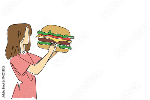 Single one line drawing a woman eating a large burger. Will be full when eating in large portions. Hobby eating. The greedy woman. National No Diet Day. Continuous line design graphic illustration