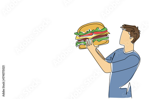 Continuous one line drawing a man eating a large burger. Very fond of eating fast food in large portions. Being full is a priority. National No Diet Day. Single line draw design vector illustration