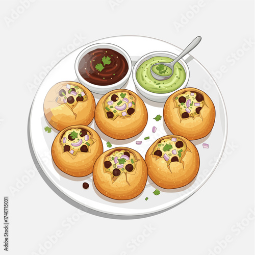 A plate of phuchka with chutney icon logo flat vector design