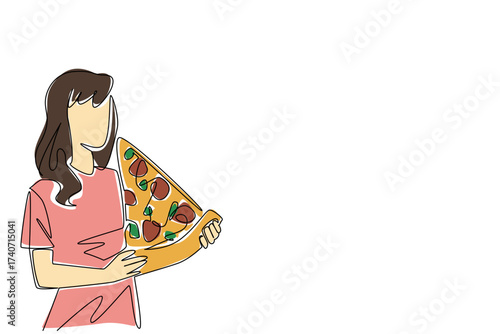 Single one line drawing a young woman eats a large slice of pizza. Really like the typical Italian food. Always increase the portion. National No Diet Day. Continuous line design graphic illustration
