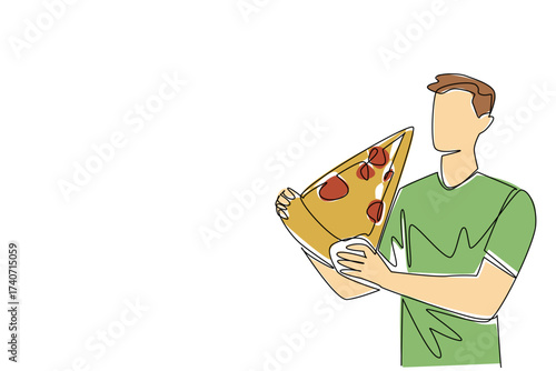Continuous one line drawing a man eats a large slice of pizza. Without thinking about health. Always eat in large portions. Greedy. National No Diet Day. Single line draw design vector illustration
