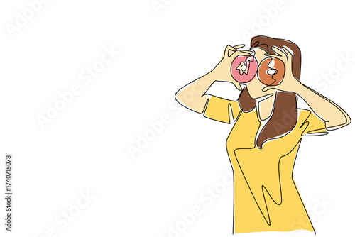 Single continuous line drawing a young  woman holds 2 donuts with both hands like looking through telescopes. Want to add other sweet foods. National No Diet Day. One line design vector illustration