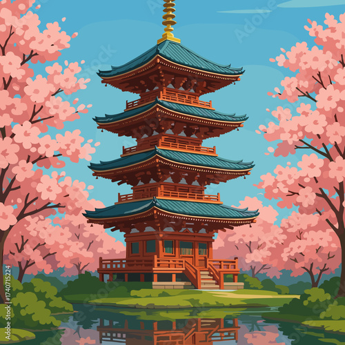 Japanese pagoda illustration surrounded by cherry blossoms on bright background with copy space