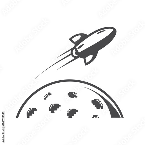 Retro Space Rocket Launching from Moon Surface on White Background
