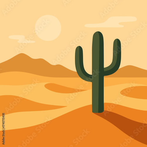 Desert landscape illustration with cactus in flat style on warm background with copy space