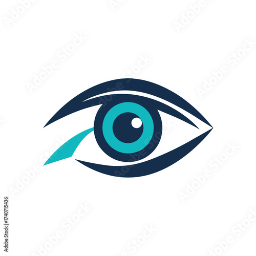Stylized eye logo with dark blue and teal colors on white background Keywords: eye, vision, optic, ophthalmology, iris, pupil, eyeball, sight