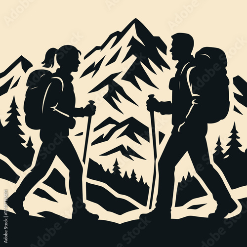 Couple hiking illustration in silhouette style on mountains background with copy space