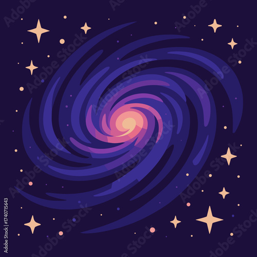 Spiral galaxy illustration in vibrant colors on dark background with copy space