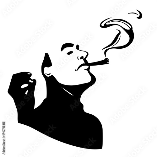 Black cut-out style silhouette of a man in profile with a strong jawline, relaxed posture, and a cigar held loosely between his lips, smoke drifting elegantly upward in a curved motion, set against a 