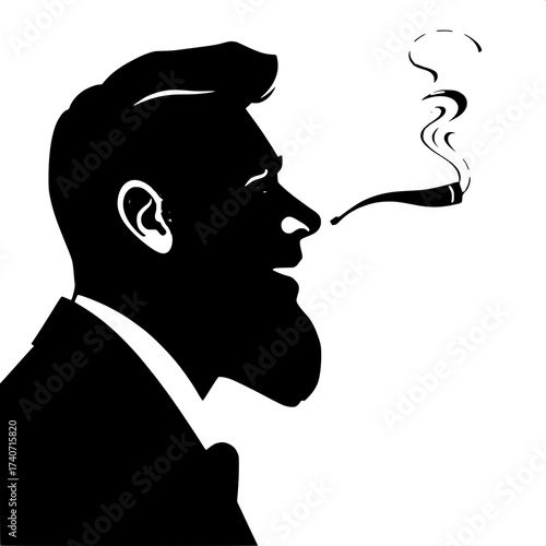 Black cut-out style silhouette of a man in profile with a strong jawline, relaxed posture, and a cigar held loosely between his lips, smoke drifting elegantly upward in a curved motion, set against a 