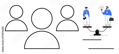 Outlines of people in a group and two characters balancing scales, one holding an idea, the other work documents. Ideal for teamwork, collaboration, decision-making, balance, equality