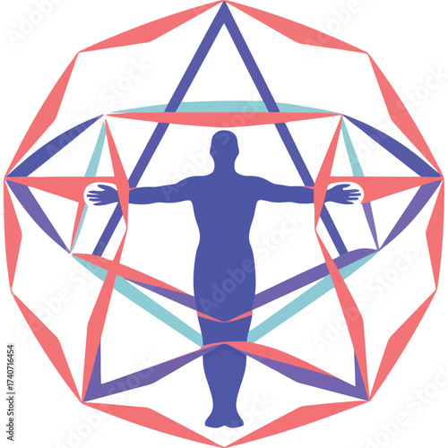 A stylized representation of a human figure surrounded by geometric shapes and symmetrical patterns design silhouette