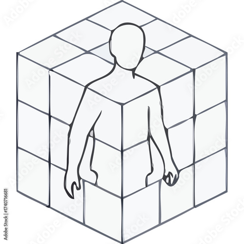 A figure enclosed within a cube composed of smaller squares creating an illusion of confinement and restriction silhouette