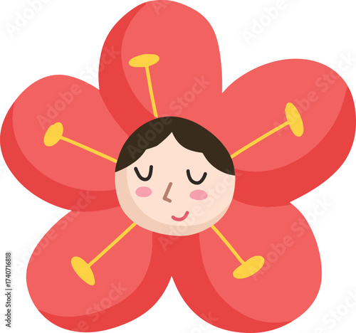 Flower-faced character with closed eyes, cute and cheerful