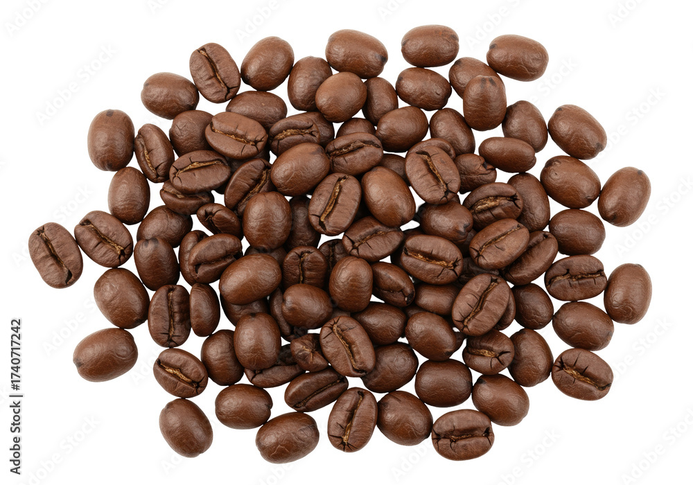 Fototapeta premium Isolated pile of rich brown coffee beans, aroma of roasted coffee for beverage preparation