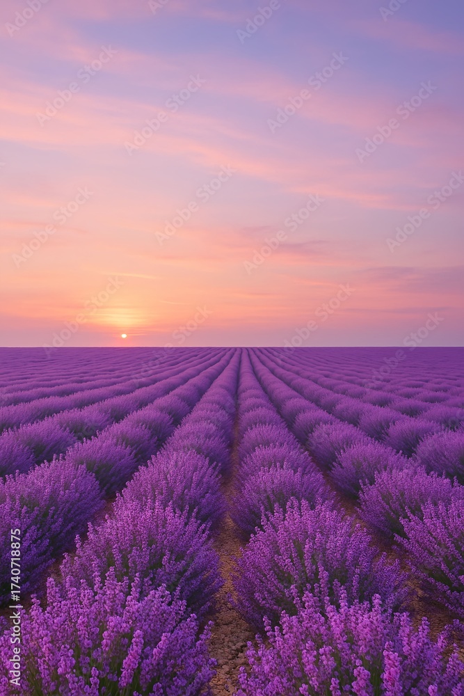Fototapeta premium Peaceful lavender field at sunset with rows of purple flowers under pastel sky