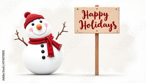 Cheerful snowman wearing a red hat and scarf next to a sign reading 