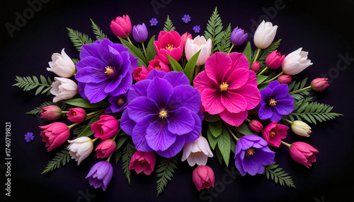Vibrant floral bouquet with purple hibiscus, pink and white tulips, and lush green leaves on a black background