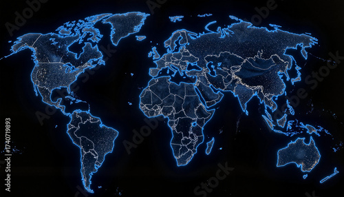 Illuminated world map with neon blue outline and starry night effect on a black background