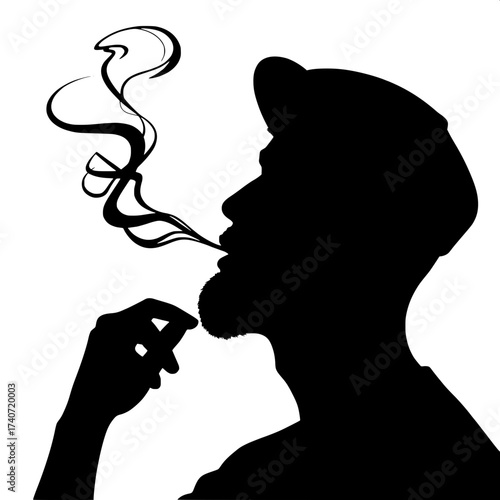 Simplified black silhouette illustration of a man with a strong facial profile, a faintly visible beard with subtle texture, and a cap with slight creases, smoking in a relaxed posture, crisp smoke tr