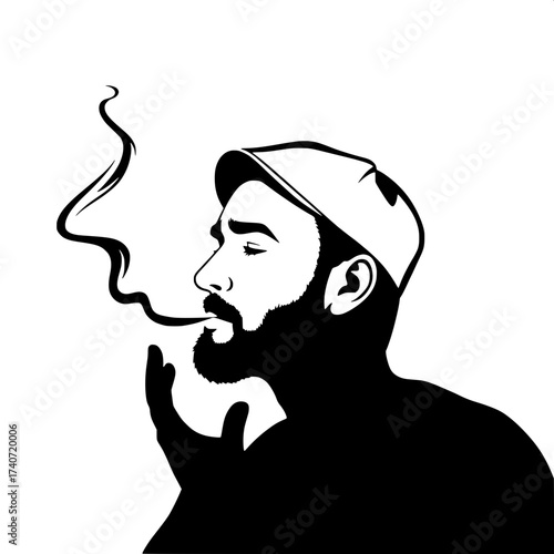 Simplified black silhouette illustration of a man with a strong facial profile, a faintly visible beard with subtle texture, and a cap with slight creases, smoking in a relaxed posture, crisp smoke tr