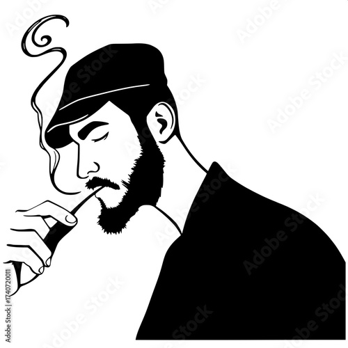 Simplified black silhouette illustration of a man with a strong facial profile, a faintly visible beard with subtle texture, and a cap with slight creases, smoking in a relaxed posture, crisp smoke tr