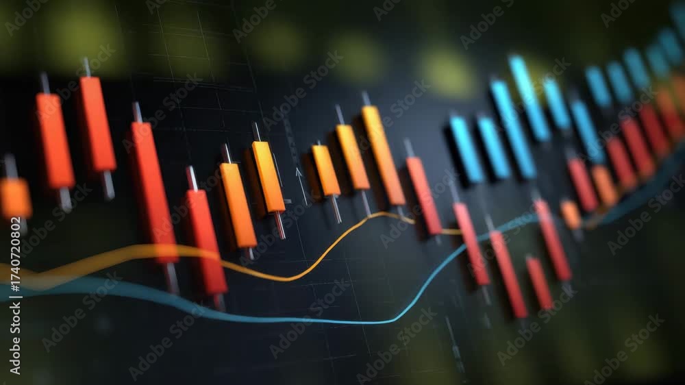Financial chart featuring colorful candlestick bars and trend lines ...