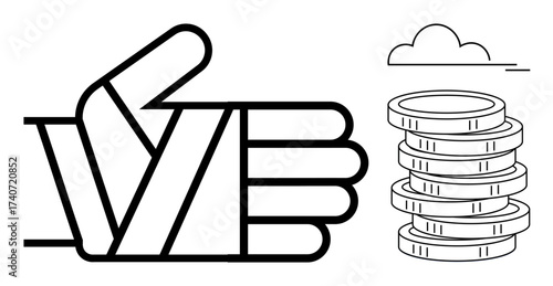 Thumbs-up hand gesture beside neatly stacked coins and a minimalist cloud line. Ideal for success, wealth, encouragement, financial growth, positive feedback, business, and savings. Simple flat