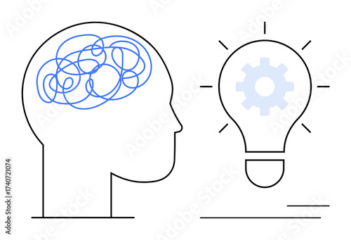 Head silhouette with tangled blue lines in brain area next to a lightbulb with a gear inside. Ideal for creativity, problem-solving, mental clarity, innovation, brainstorming, decision-making