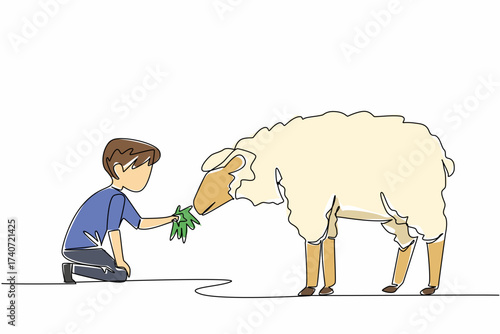 Continuous one line drawing boy holds a handful of grass in his hand and gives it to the sheep. The best food for the best wool. National Open Farm Day. Single line draw design vector illustration