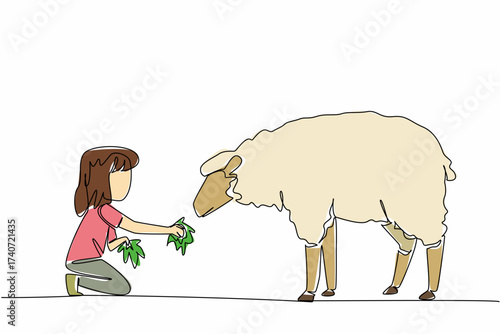 Continuous one line drawing girl holds a handful of grass in her hand and gives it to the sheep. Providing the best grass feed. National Open Farm Day. Single line draw design vector illustration