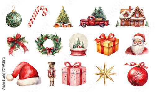 PNG Festive Christmas holiday decorations illustration, element set on transparent background