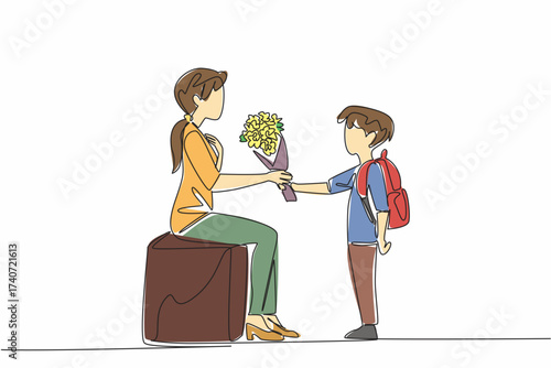 Single one line drawing a male student gives bouquet of flowers to the teacher sitting on bench. Second class promotion prize. National Day of Teacher. Continuous line design graphic illustration