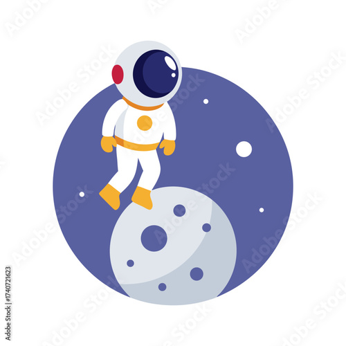 Astronaut floating in space near a moon and stars on white background Keywords: astronaut, space, moon, planet, stars, cosmos, galaxy, universe