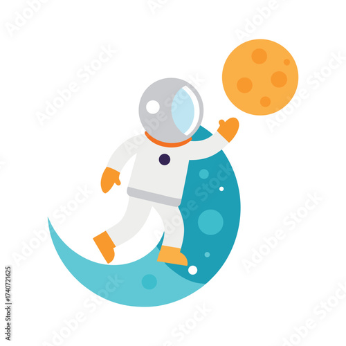 Astronaut reaching for a planet while floating on a crescent moon on white background Keywords: astronaut, space, moon, planet, crescent