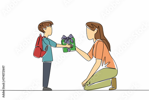 Continuous one line drawing male student gives a gift box to female teacher. Teachers are unsung heroes. Expressions of gratitude. National Day of Teacher. Single line draw design vector illustration
