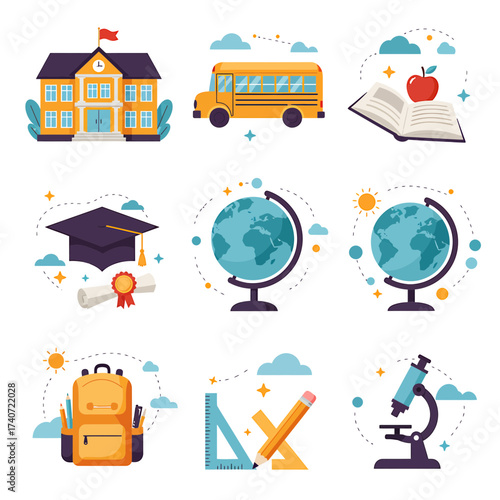 A vibrant collection of educational icons, including a school building, bus, graduation cap, globes, backpack, and microscope.