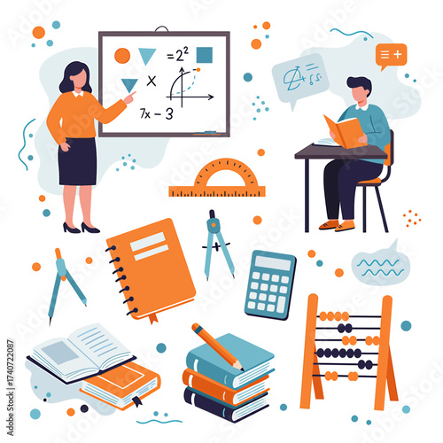 Illustration of a teacher and student with math symbols and school supplies.