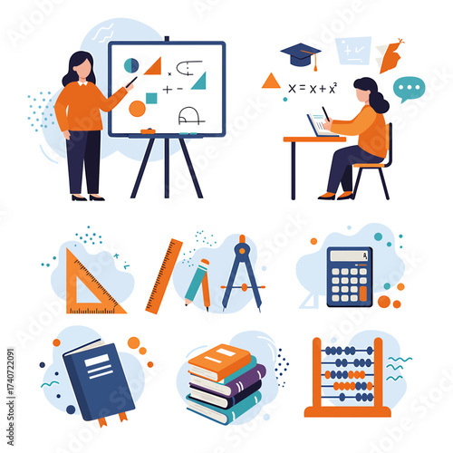 Illustration of mathematics education with students and teachers using various tools and concepts.