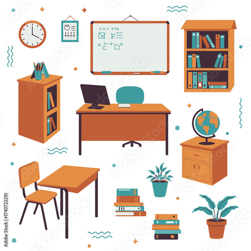 A collection of school classroom furniture and educational supplies illustrated in a flat vector style.