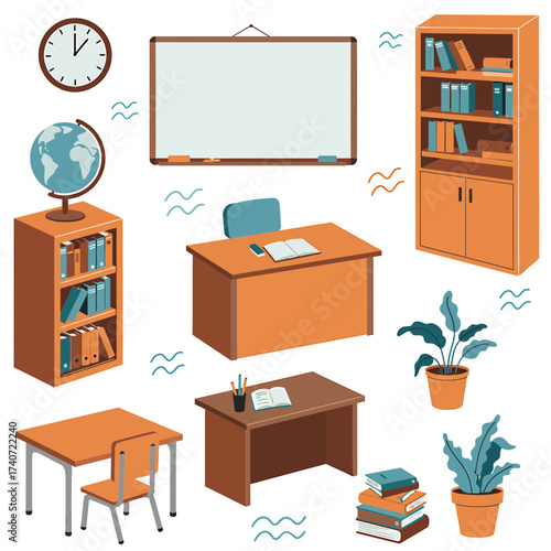 Isometric illustration set of classroom and school furniture, including a desk, chair, bookcase, whiteboard, globe, and plants.