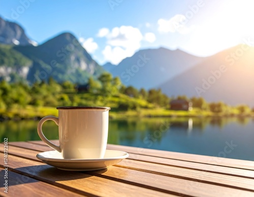 Wallpaper Mural Serene coffee cup by a lake Torontodigital.ca